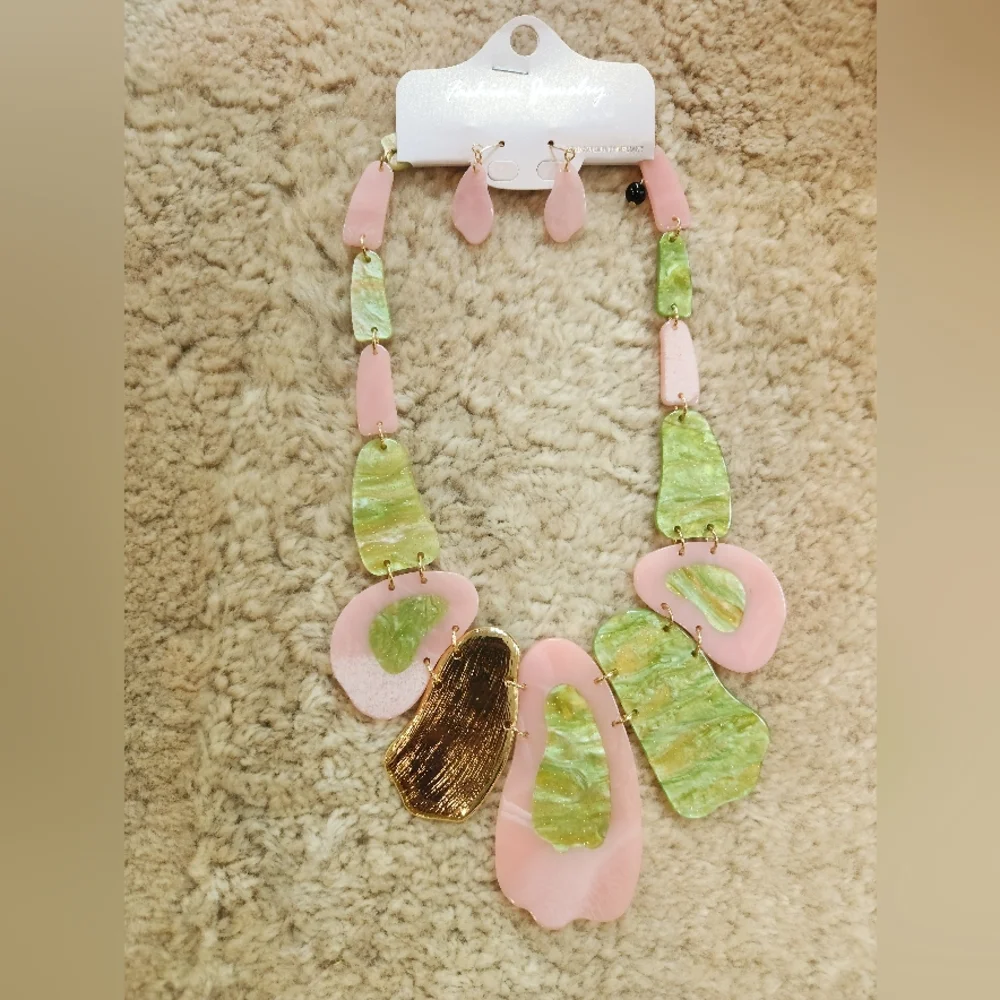 Pink, Green and Goldtone Statement Necklace with Earrings Set - Picture 13 of 17